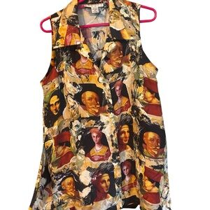 VTG Max Studio New York 100% Silk Sleeveless Button-Down, Size M, Art Print